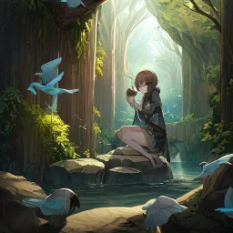 anime girl is praying with her eyes closed, meditating, rock trees, birds, creek, breathe, holding her head up with left hand, very detailed eyes, cheeks, mouths and fingers