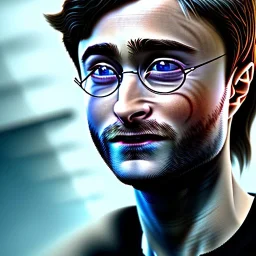 Daniel Radcliffe smiling, close-up head, cyberpunk, realistisch, light, ray-tracing, view from left, realistic skin with details