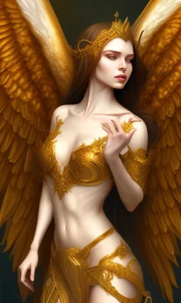 Female angel with beautiful perfect face big wings and golden crown floating above the ground in the dark enviroment, anatomically correct, michelangelo style, detailed, world of warcraft style, dark forest, trees, painting, brush strokes