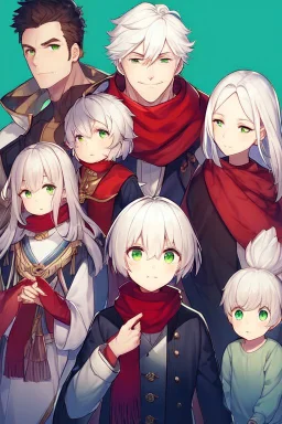 A Boy, 14 years old, with white hair, green eyes, calm, the background is: a sky full of stars, His hair is short, he wears a red scarf,