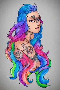 isometric clean art of super beautiful lady, soft lighting, soft pastel gradients, military insignia tattoo on left breast high definition, blender 3d, beautiful, long hair, rainbow hair, rainbow dress, slitted eyes, pointed ears