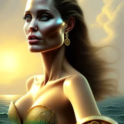 A beautiful portrait of Angelina Jolie as a mermaid , leaning on a ships deck ,Rough sea in the background, (digitall art by Eugene de Blaas and Ross Tran, vibrant color scheme, highly detailed, in the style of romanticism, cinematic, artstation best quality, realistic lighting, masterpiece portrait, details light dusting , cowboy shot from above, simple chain hauberk Vector art digital illustration 3D shading )