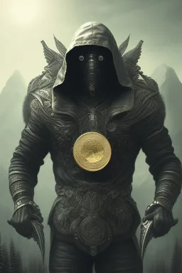 running berserker portrait , no face, black jogging suite , in the night Alps , holding coins , angels background, volumetric light, high detail, dark leaf tree, dark mountains in background, perfect, HR Giger style