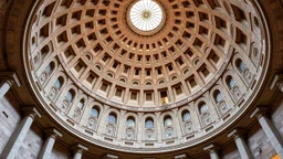 A grand, circular dome building with Lissajous-curve-inspired designs intricately carved into the stone façade. The undulating curves dance across the surface of the building, creating a mesmerizing, fluid pattern. Inside, the dome is supported by circular columns with soft, curving lines, and the ceiling features geometric art that mimics the beauty of the Lissajous curves. Award-winning photograph.