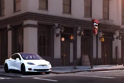 A Tesla 'Model Y' is parked, near the building of the 'Friends' series in New York. (CINEMATIC, WIDE ANGLE LENS, PHOTO REAL)