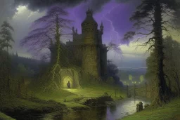 A violet castle in a thunderstorm near an acid pool painted by John Atkinson Grimshaw