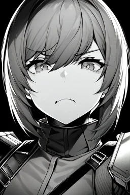 military girl, angry face, close-up, greyscale