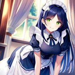 girl, masterpiece, best quality, volumetric lighting, detailed outfit, perfect eyes, dark blue hair, green eyes, long hair, maid, indoors, smile, leaning forward,