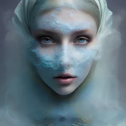 clouds of fog as woman's face, dissolving, disintegrating, wearing blue hijab, fine detail, highly intricate, wearing blue hijab, modern surrealism painting, high-quality, volumetric lighting, 8k, ultrahd, George Grie, Marco Escobedo, Igor Morski,Brian Froud, Howard Lyon, Selina French,