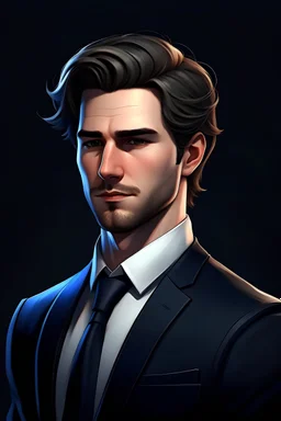 foto de perfil ilustración digital de personaje videojuego realista, un hombre de 27 años viste con traje formal color negro, es abogado, su color de piel es blanco, su cabellos es negro oscuro, sus ojos azules profundos, expresión creída y arrogante, dueño de todo un buffet de abogados, ilustración digital de personajes de videojuegos
