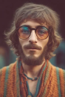 Hippie bohemian young man with Parisian bohemian look and glasses of colours and poor and short short short and poor hair on the head with receding hairline. Farsightedness glasses with big eyes. Long beard. Vintage look and feel like photo styleof the 70s