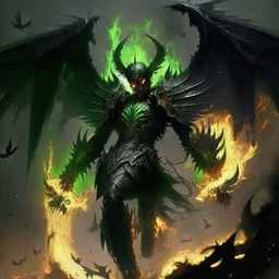 un demonio de armadura negra y verde y alas de ángel negras volando en llamas