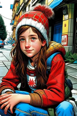 iki kız beraber sokakta oturuyorlar yaşları daha büyük liseliler daha renkli kızlardan birinin saçı kabarık diğerininki ise biraz uzun geniş açı ikisininde vücudu tam görünsün 2d çizgi roman gölgelendirmesi