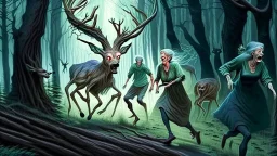 lovecraftian styled resurrected unhappy single deer chasing the older drunk lady through the forest while the survivors in his deer family watches with relief