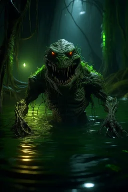 The swamp scary creature, swamp, colored lights, green symbols, green tattoo, 8k, high quality, hyperrealism