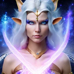 cosmic mage, elf, female, battle mage, epic, cosmic magic, long ears, white hair, face details, pale skin, jewellery, broad shoulders, glowing eyes, sharp ears, cosmic clothes, bright eyes, cosmic eyes, ears shown, light out of eyes, the cosmos in eyes