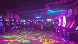 A dark photo of the corners of an 80's aesthetics arcade at night, with a lot of functioning arcade machines, a vaporwave floor and some colorful tiles in between the floor. Purple aesthetics.