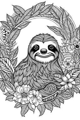 portrait of Sloth and background fill with flowers on white paper with black outline only, style mandala