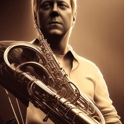 A portrait of a kiefer sutherland playing saxophone, sin city, frank miller, low key lighting, volumetric light, digital art, highly detailed, fine detail, intricate, ornate, complex, octane render, unreal engine, photorealistic