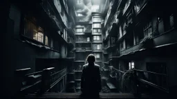 Hogyan is érthetné a második emeleti lakó a földszinten élő nyomorúságát? high contrast, detailed, thriller, deep dark colors, gloomy, cinematic