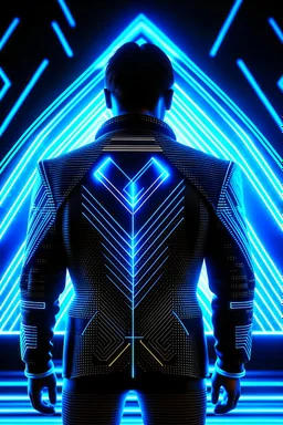 cyberpunk, neon blue, triangle of light floating behind the back, cyber suit, geometric patterns on a suit, male