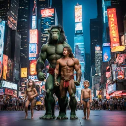 In the heart of the concrete jungle that is New York City, the fearless and primal Tarzan, accompanied by his adventurous wife Jane Porter and their young son Korak, stand poised on the urban landscape, exuding a wild spirit that sets them apart from the bustling crowds. In this high-resolution photo captured amidst the neon lights of Times Square, the jungle family emanates a raw and untamed energy that hints at the untamed wilderness from which they hail, ready to embark on an urban adventure