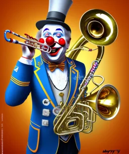 mechanoid happy old friendly fat clown playing jazz with a steampunk theme, trumpet, realistic