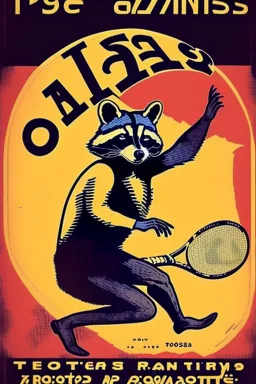 old man in 1928 poster advertising racoon tennis, raccons flying in air between tennis rackets while humans::4 use them as a tennis ball