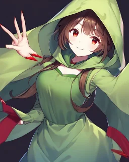 A character with short brown hair, red eyes who wears a green blouse open with its hood, holds a bright red knife, smiles madly, dark background Very dark and HQ Manga.