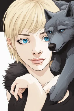 ultra realistic photograph of a very thin young woman with short blonde hair and blue eyes wearing a loose black teeshirt standing next to a black wolf