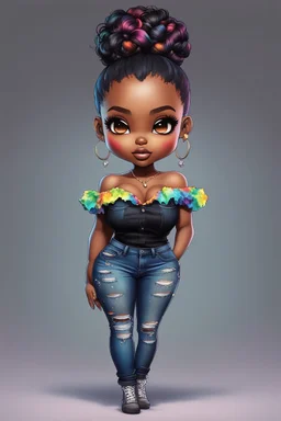 create a colorful abstract digital art image 8k of a chibi curvy black female wearing torn jeans pants and a black-tie dye off the shoulder blouse. Prominent make up with hazel eyes. Highly detailed high bun in her hair