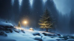 fir forrest scenery, heavy mist,,creek,forest,christmas ,tree,fireflies,night,snow,fir tree,high-quality photograph,photorealistic, shot on Hasselblad h6d-400c, zeiss prime lens, bokeh like f/0.8, tilt-shift lens 8k, high detail, smooth render, unreal engine 5, cinema 4d, HDR, dust effect, vivid colors,night