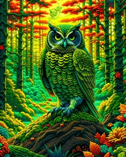 Owl in the woods incredibly detailed retro 8k art