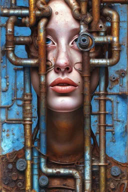 an abstract painting of rusted pipes, by lucian freud, rust, scaffolding, iron cladding, decay, mixed media, textured, anatomically correct, beautiful woman perfect face, blue eyes, sharp focus, highly detailed