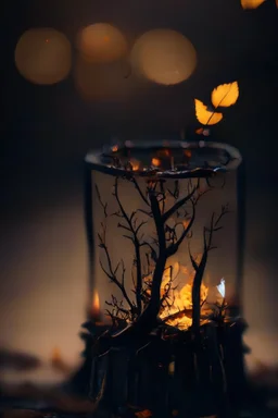 black westphalia stump with a bokeh frame of autumn leaves and twigs (((scale model photography))) candle-lit westphalia in double exposure ((((low iso, double exposure, ))