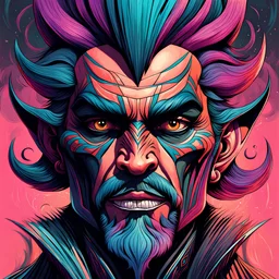 create a wildly imaginative character illustration with highly detailed facial features in the style of Ramon Nunez, sharply defined, boldly lined, in muted dark pastel colors