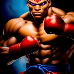 Ultra detailed fullbody Portrait in oil on canvas of Street Fighter- Balrog,extremely detailed digital painting,ultrarealistic skin,intense stare, extremely detailed face, crystal clear eyes, mystical colors ,perfectly centered image, perfect composition, rim light, beautiful lighting,masterpiece ,8k, stunning scene, raytracing, anatomically correct, in the style of Simon Bisley and Ohrai Noriyoshi and robert e howard and Steve Jung and frank frazetta.