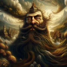 beard is morphing to a landscape, beard is forming to a landscape with focus on (whimsical village is coming out of the beard made of the beard's hair). Modifiers: digital painting dof fantasy intricate 8k oil on canvas masterpiece very attractive beautiful award winning fantastic view high definition crisp quality beautiful lighting dramatic surreal morbid mystical chiaroscuro earth tones symmetrical face no mistakes Dark tones Optical illusion Ray Caesar subtle colors dir