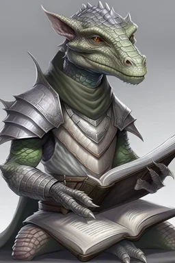 reptilian humanoid, kobold, grey diamond - shaped scales, big magic book