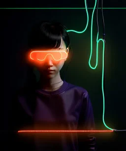 Ultra realistic photographic night portrait, cinematic, <Asian woman> <hanging wires> < retro monitor> many wires coming out of the head <perfect pupil> <cyborg arm> <garage> <wide angle Shot> <sci-fi futuristic> <thriller>, neon lights, color fog, soft color, highly detailed, unreal engine 5, ray tracing, RTX, lumen lighting, ultra detail, volumetric lighting, high definition.