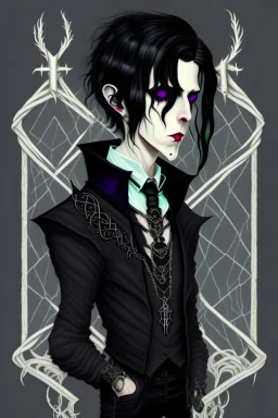 black haired young man necromancer wizard with gothic jewelry in the style of hp lovecraft