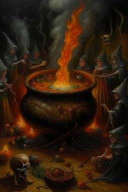 Living witches cauldron, slightly demonic, prize winning oil painting