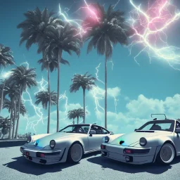 1980's aesthetic vaporwave palm trees and spheres and Porsche with lightning