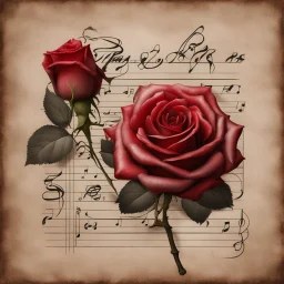 Hyper realistic red rose on a vintage paper with harmonica instrument & musical notes