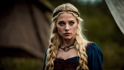 Photo is in sharp focus with high resolution. It is is a closeup portrait of a beautiful and slender caucasian 16 year old teen girl with long wavy platinum blonde hair. She has full lips, a turned up nose, arched eyebrows and large blue eyes. She is wearing a viking dress with a corset and in a Viking camp in Norway. She is gazing at the viewer.
