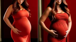 Gina Rodriguez Curvaceous and radiant physique Fiery red locks frame her face Elegant flowing maternity gown Maternal glow and resilience Bust size: 38 inches Subtle yet confident expression German teenager in transformation Heavily pregnant silhouette Tenderness in her curves Unexpected beauty in resilience Comfortable and harmonious attire Bathwater backdrop signifies change Youthful grace with maternal strength Roundness of the burgeoning belly Maternity elegance in transformation Cascading r