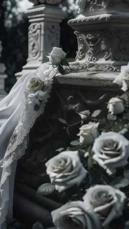 A grave above it a white lace scarf and white roses. Cinematic picture