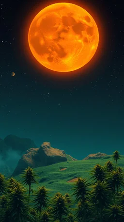 Orange moon landscape on green planet, space meteorites, stars in the night sky, fantasy plants on theof marijuana trees split toning effect, subsurface gaussian scattering, dark fantasy, dark botany, photorealistic image, ultra-details, Marijuana trees birds f