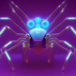 A beautiful portrait of a cyborg spider wite neon color scheme, high key lighting, volumetric light high details psychedelic background