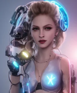 Artist, young madonna, android woman, sweet, blonde, white skin, long eyeliner, purpurin, glossy lips, make-up, color leds lights, cables, short hair, circuits, cyberpunk, latex coat, cyber punk, neon, portrait, studio photo, unreal engine 5, soft color, 16 bit, god lights, ray tracing, RTX, lumen lighting, ultra deatail, volumetric lighting, 3d, finely drawn, hd.